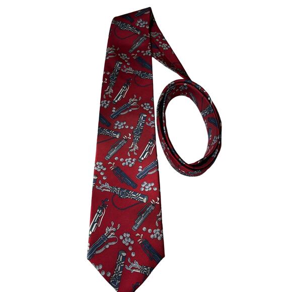 Hathaway Golf Silk Mens Neck Tie Novelty Image with Golf Club Bag Burgundy - Picture 1 of 3